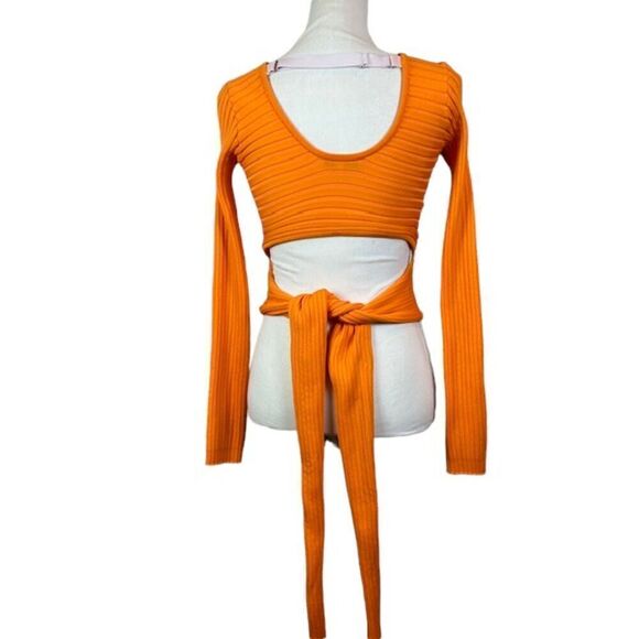 Tibi Tech Poly Ribbed Wrap Super Stretchy Sweater Orange Tie Knot Size Medium - Picture 5 of 14